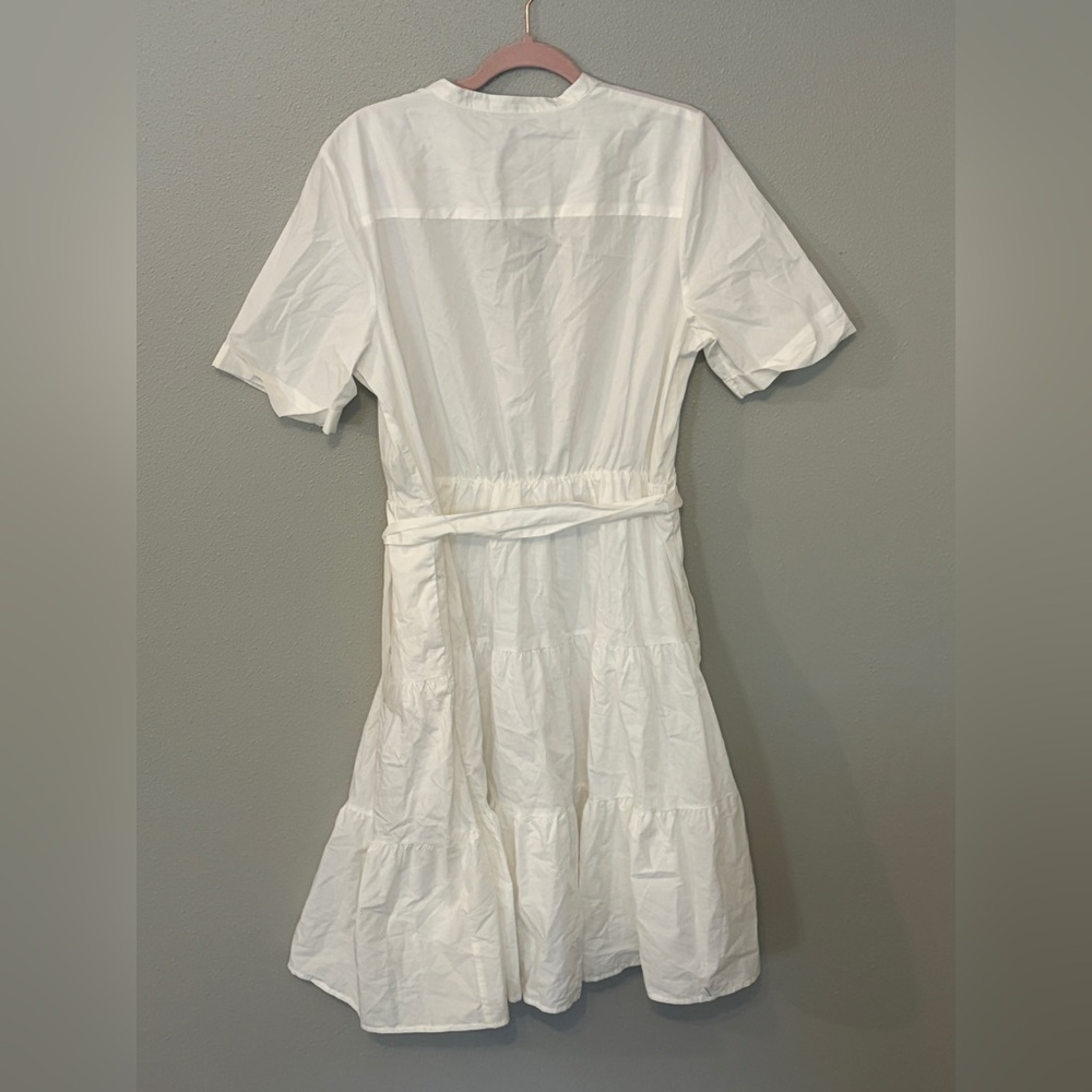 White cotton belted tiered midi vacation sundress short sleeve casual resortwear - Picture 3 of 6